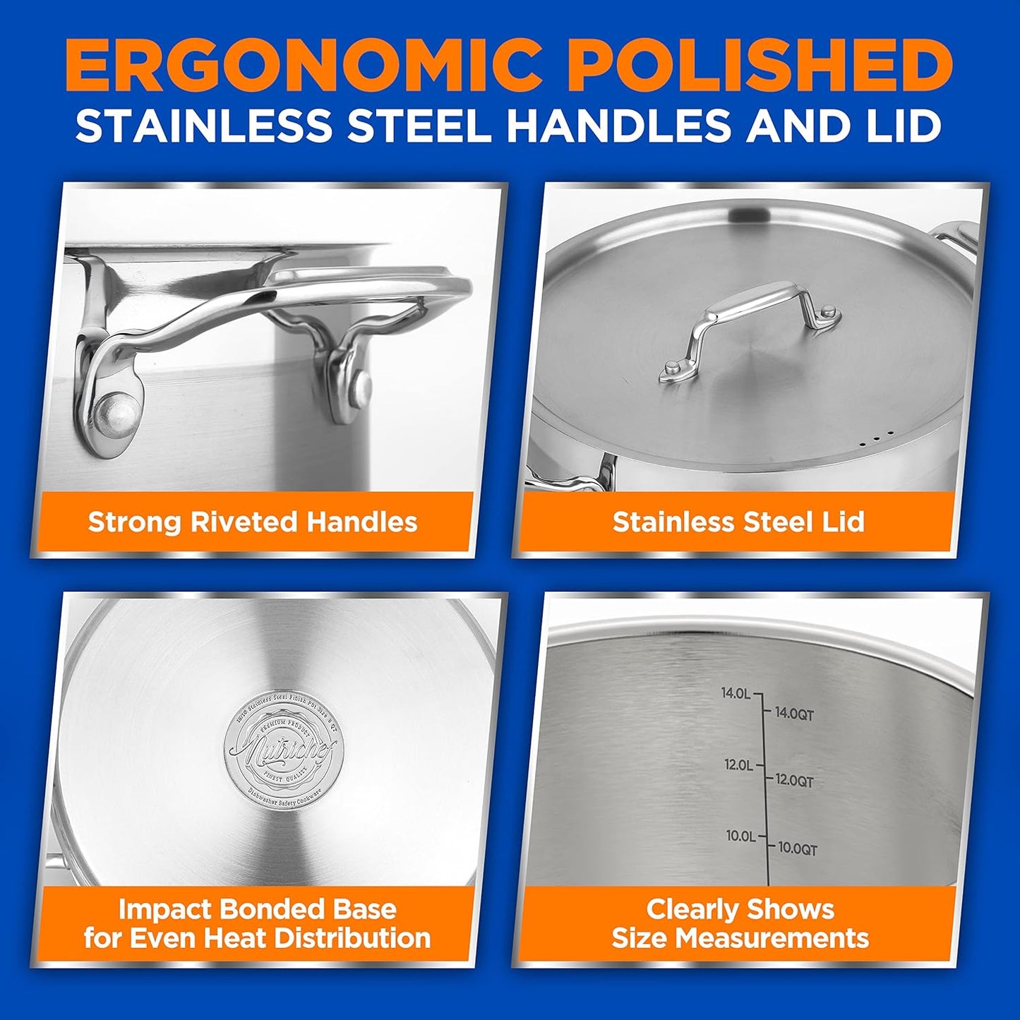 NutriChef Stainless Steel Cookware Stockpot - 14 Quart, Heavy Duty Induction Pot, Soup Pot with Stainless Steel Lid, Gas, Induction, Ceramic, Glass and Halogen Cooktops Compatible - NCSPT14Q