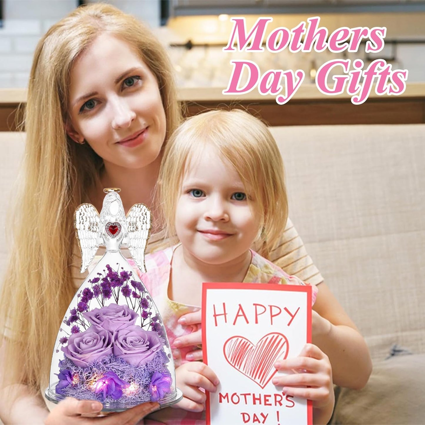 Mothers Day Rose Gifts for Women, Large Angel Figurines with Real Roses, Preserved Real Flower Rose for Her, Light Purple