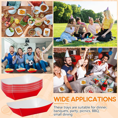 100 Pcs Red Paper Food Tray Sturdy Disposable Food Boats Nacho Plates Disposable Serving Snack Trays for Catering, Party Birthday Supplies, and Food Service (Red)