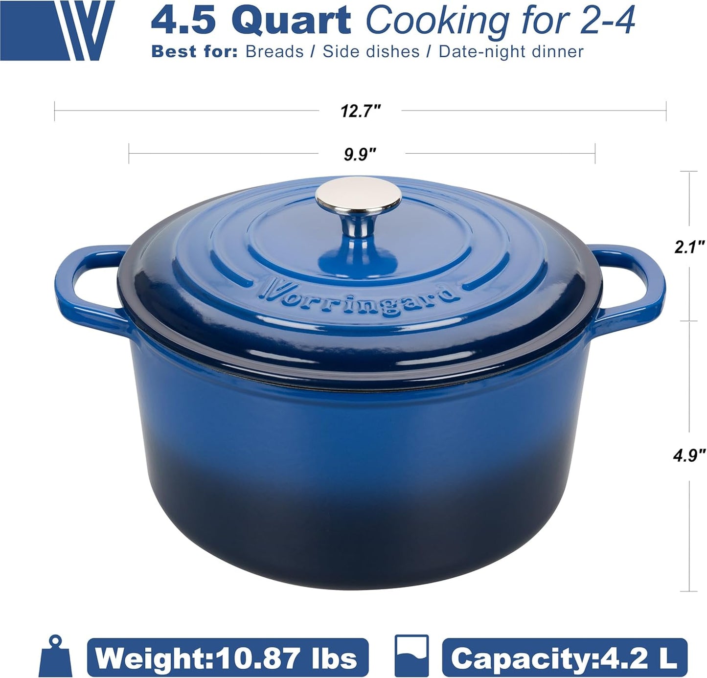 Enameled Cast Iron Dutch Oven Pot with Lid, for Sourdough Bread Baking, Round Dutch Ovens, 4.5 Quart, Blue