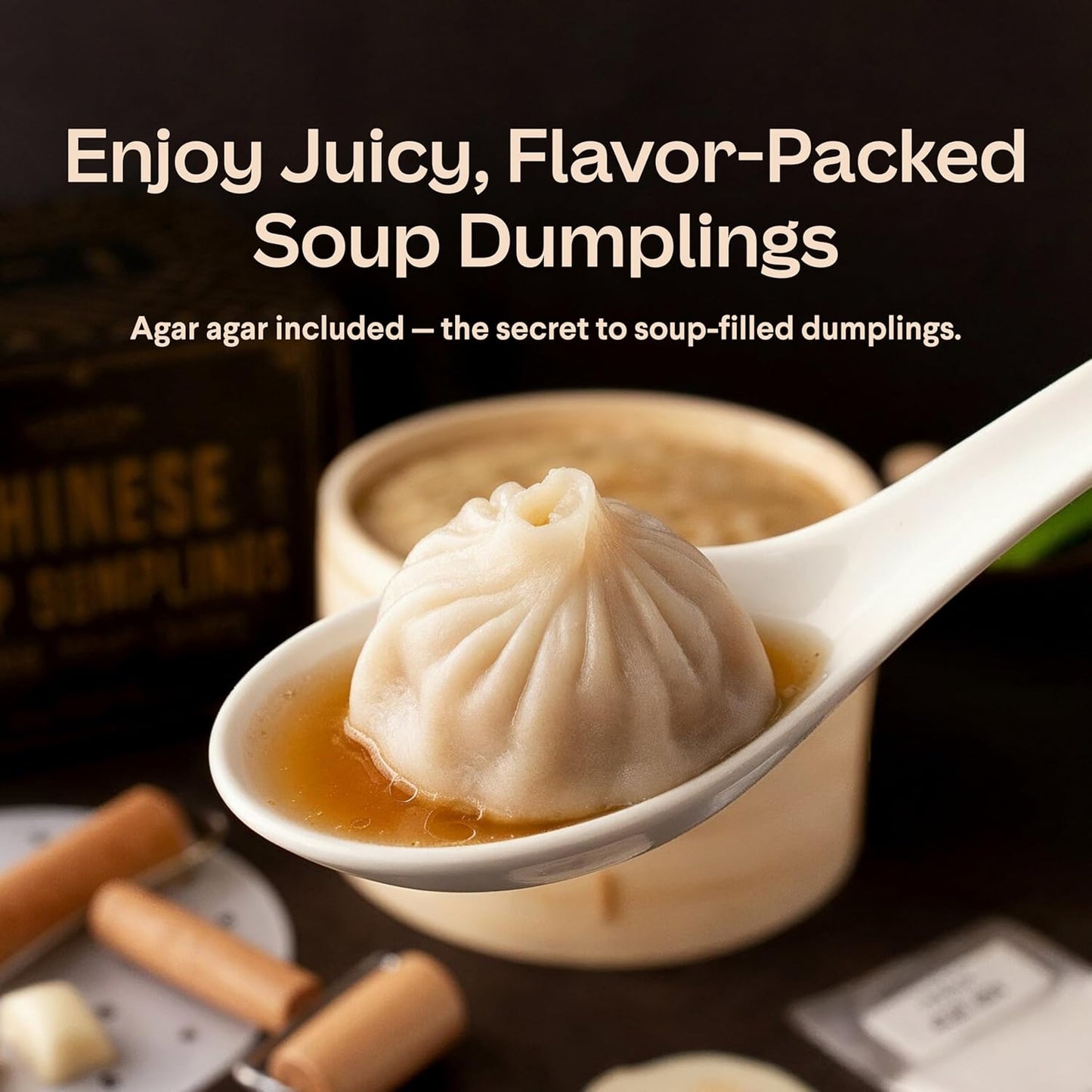 Cooking Gift Set Co. Bamboo Steamer Basket Soup Dumpling Kit - 2 Tier 8-Inch Dumpling Steamer for Cooking with Agar Agar, Roller, Spoon, Liners, Recipes & Step-by-Step Video (6-Piece Set)