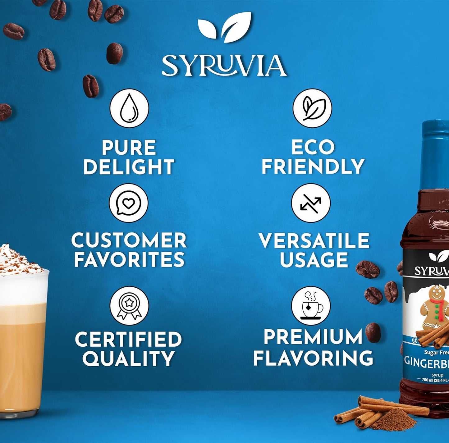 Syruvia Sugar Free Gingerbread Syrup for Coffee, Flavored Syrup for Drinks, Lattes, and Desserts – 25.4 fl oz