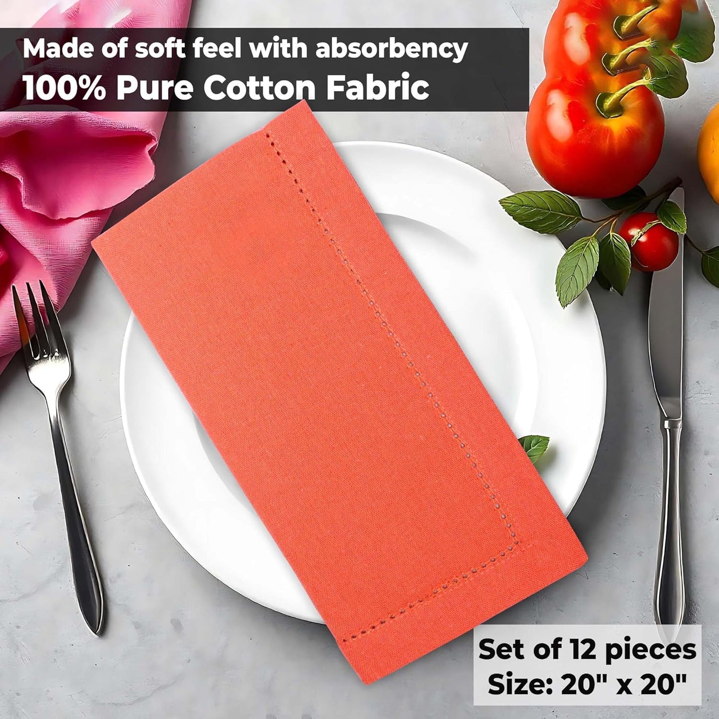 Urban Villa Cloth Napkins Set of 12(20x20 Inches)100% Cotton Hemstitch Napkins Cloth Washable Durable Reusable Absorbent Table Dinner Napkins Cloth for Hotel Lunch Restaurant Weddings Parties - Orange