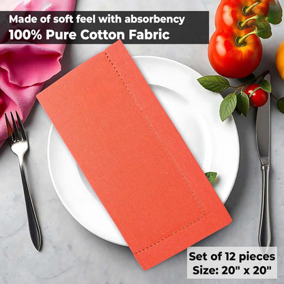 Urban Villa Cloth Napkins Set of 12(20x20 Inches)100% Cotton Hemstitch Napkins Cloth Washable Durable Reusable Absorbent Table Dinner Napkins Cloth for Hotel Lunch Restaurant Weddings Parties - Orange