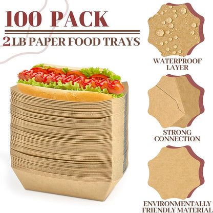Ocmoiy 2lb Paper Food Trays, 100 Pack Heavy Duty Kraft Food Boats Holders Disposable Serving Basket Trays for Hot Dog, Nachos, Tacos, Fries, BBQ, Festivals, Party