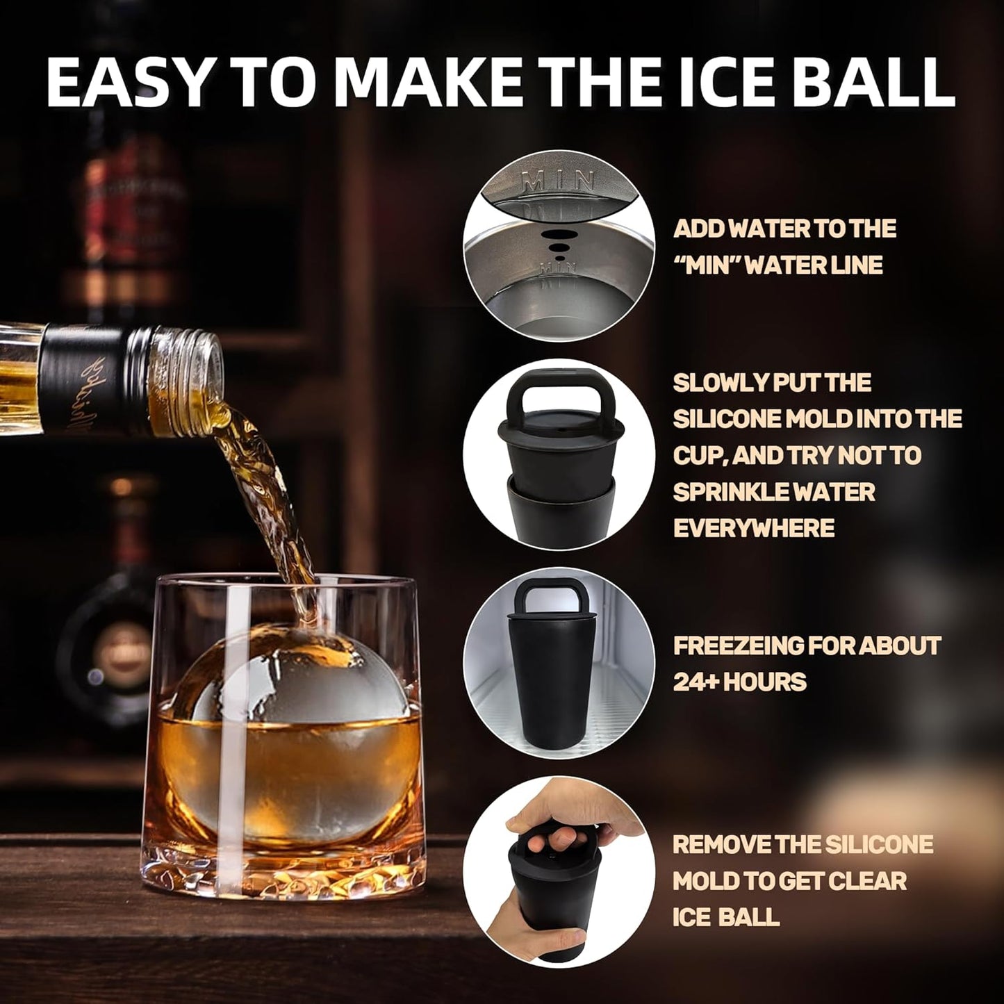 Clear Ice Cube Maker Tray – 2.5 Inch Large Round Ice Ball Mold, Stainless Steel & Silicone, Slow Melting Transparent Ice for Whiskey, Cocktails, and Home Bar Use (Black-2 Pack)