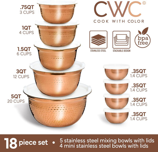 COOK WITH COLOR 18 Piece Mixing Bowls Set with Airtight Lids, Stainless Steel Bowl Organizers, Food Storage Containers, Meal Prep, Nesting Salad Bowls For Cooking, Baking, Kitchen, Copper - Hammered