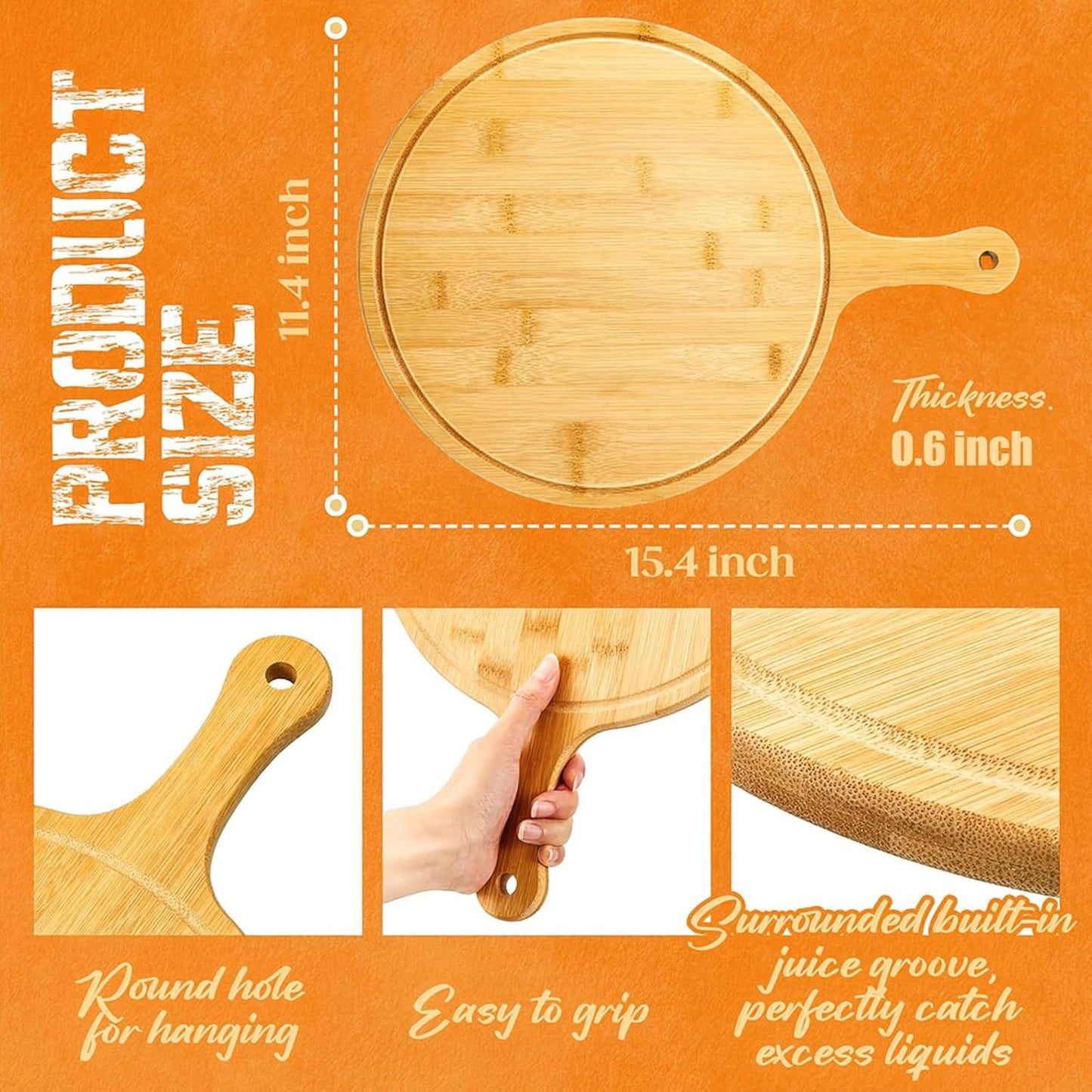 10 Pcs 15.4 x 11.4 Inch Wood Round Cutting Boards with Handle for Kitchen Serving and Food Preparation Featuring Use for Pizza Bread Cheese Charcuterie Vegetables (Bamboo)