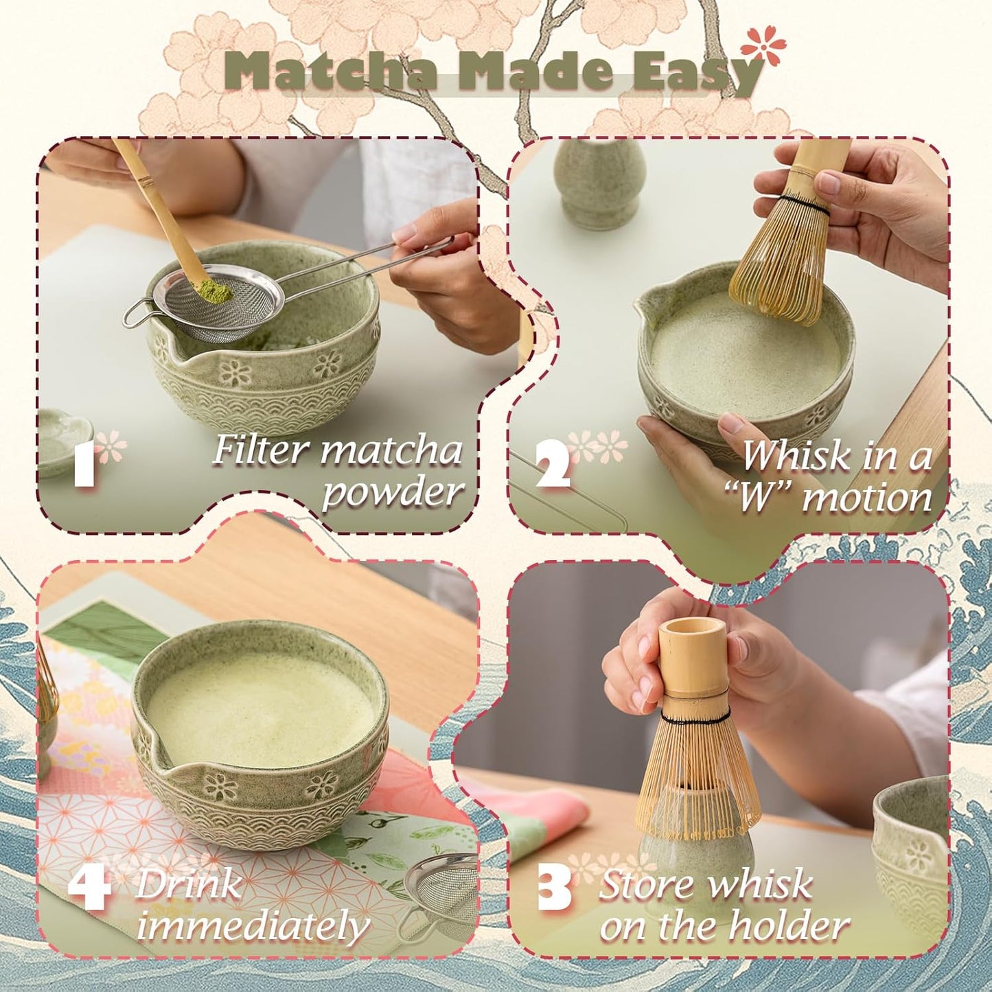 Matcha Tea Set, 8 Pcs Japanese Matcha Kit with Cherry Blossom and Wave Design Ceramic Bowl, Bamboo Whisk, Whisk Holder, Scoop, Sifter, Brush, Matcha kit Set for Matcha Lovers (Matcha Green)