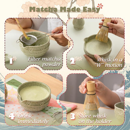 Matcha Tea Set, 8 Pcs Japanese Matcha Kit with Cherry Blossom and Wave Design Ceramic Bowl, Bamboo Whisk, Whisk Holder, Scoop, Sifter, Brush, Matcha kit Set for Matcha Lovers (Matcha Green)