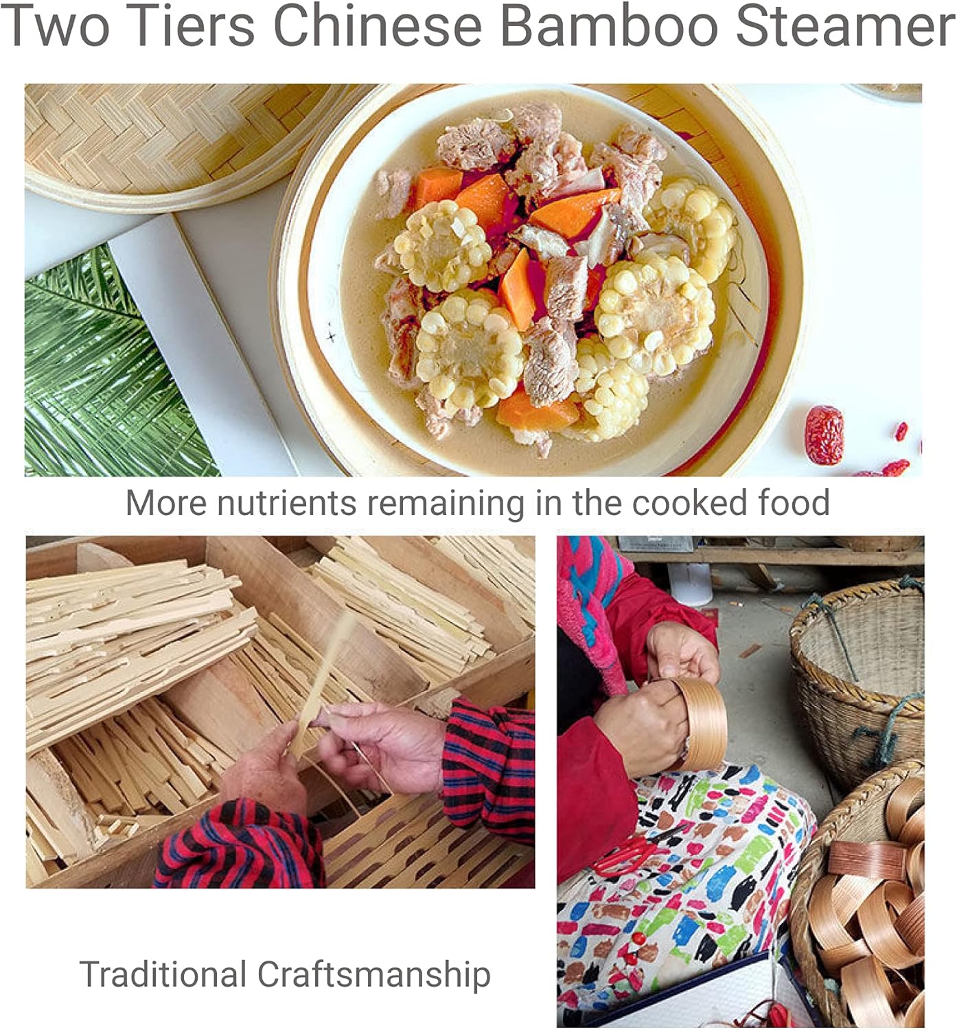 JapanBargain, Chinese Bamboo Steamer Steaming Basket for Vegetable Seafood Dim Sum Dumpling Bun Egg, 8-inch