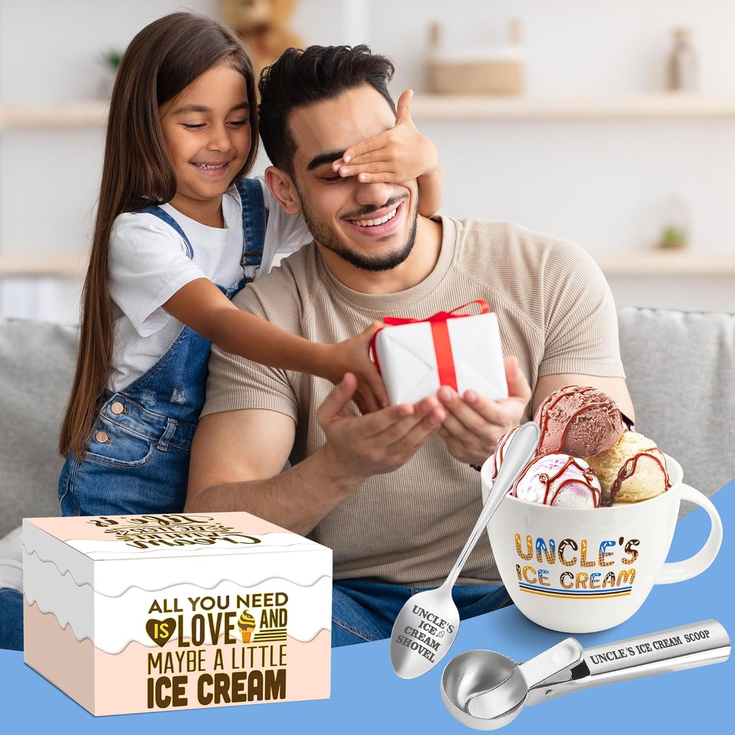 Uncle Gifts, Christmas Uncle Gifts from Niece/Nephew, Uncle's Ice Cream Bowl Scoop Shovel Spoon Set, Uncle’s Ice Cream Gift Xmas Birthday Father's Day Present for Him
