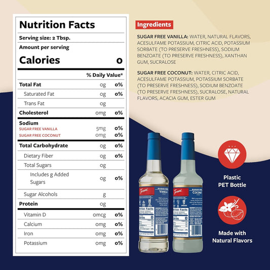 Torani Sugar Free Coconut Syrup and Sugar Free Vanilla Syrup Variety 2-Pack, Coffee Syrups for Drinks, Pumps Included, 25.4 Fl Oz Ea