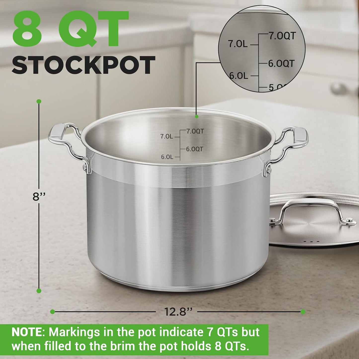 NutriChef 8 Qt Heavy-Duty Stockpot with Stainless Steel Lid - Induction Compatible Cooking Pot, Ideal for Soups and Stews