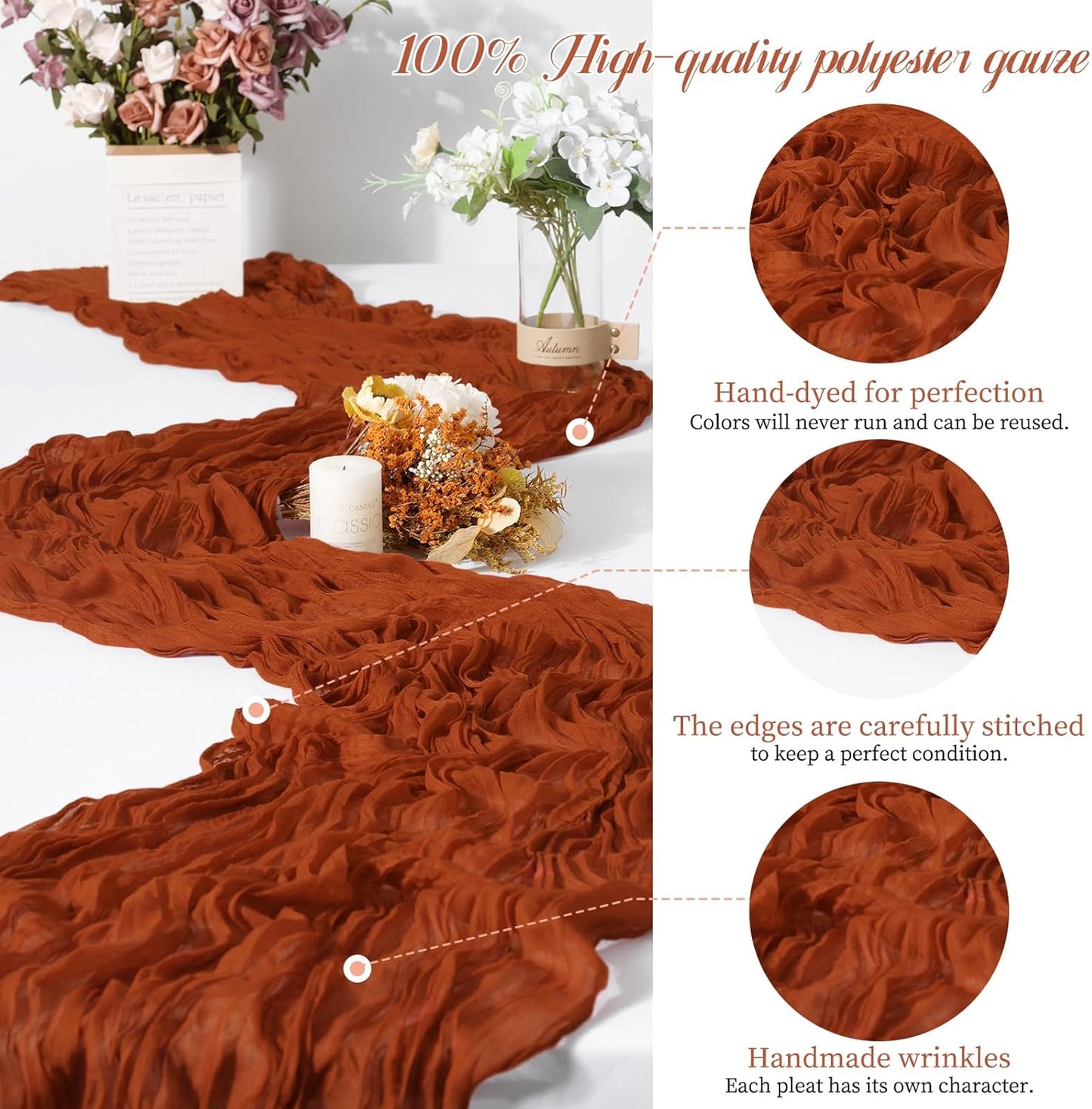 15 Packs Terracotta Cheesecloth Table Runner, 10 Ft Rustic Gauze Boho Wedding Table Runner Decoration, Wedding Table Decor Table Cloth for Wedding Party Bridal Shower Table,21.5x120in