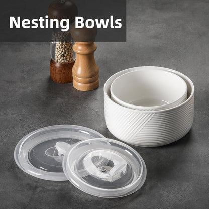 Ceramic Nesting Bowls with Lid: Microwave Safe Food Storage Containers for Work Lunch Picnic Camping Meal Prep Soup Salad Cereal Leftovers - 5 & 6 Inch, 20 & 32 oz, Set of 2, White
