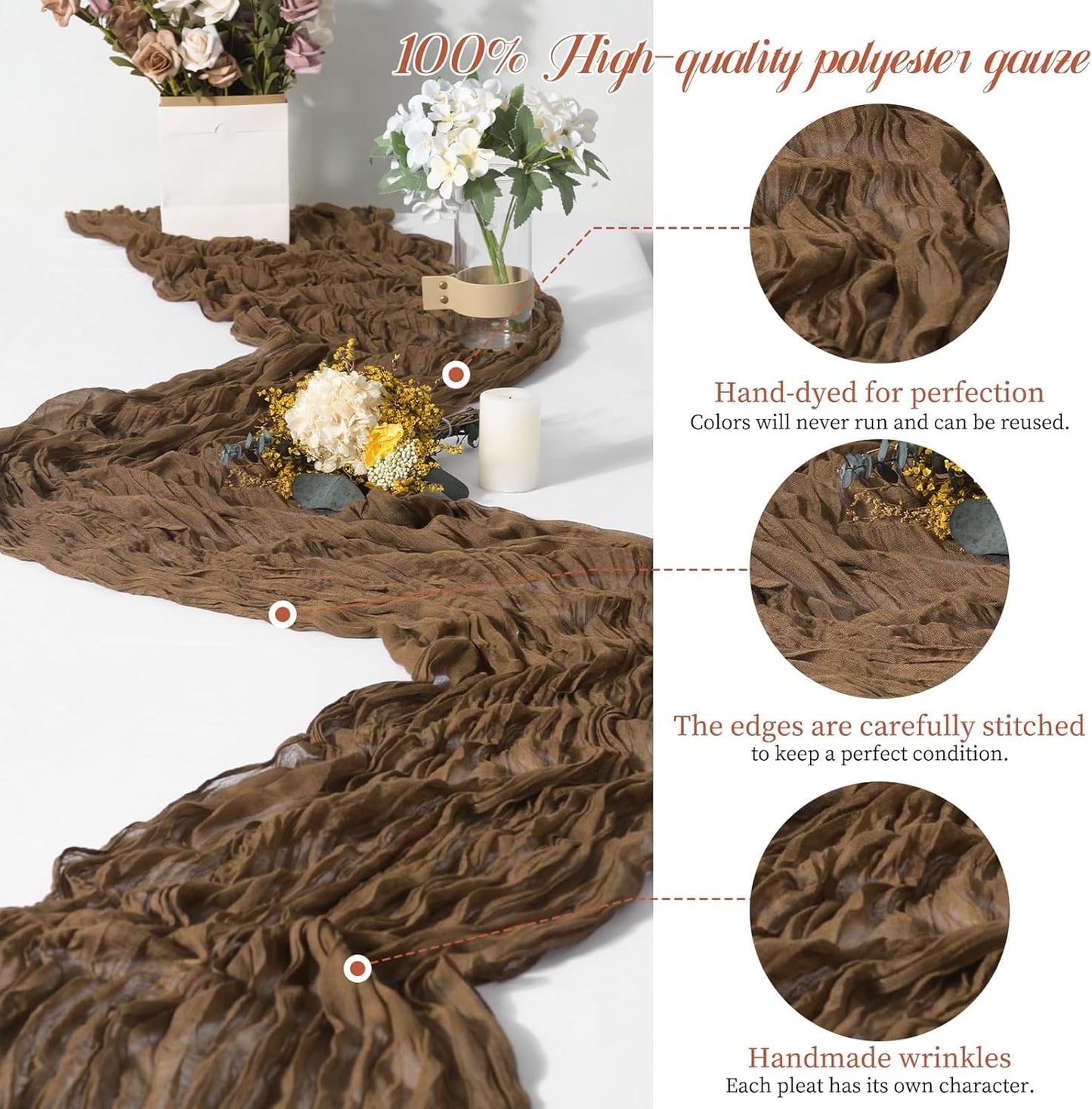 15 Packs Cheesecloth Table Runner Brown,10 Ft Rustic Gauze Boho Wedding Table Runner Decoration, Wedding Table Decor Table Cloth for Wedding Party Bridal Shower Table,21.5x120in