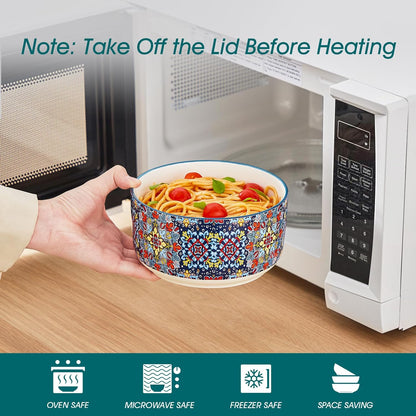 vancasso 36 oz Ceramic Bowls with Lids Set of 4, 6 Inch Food Storage Containers & Prep Bowls for Leftovers, Soup, Cereal, Meal Prep, Office Lunch, Microwave & Dishwasher Safe, Series SIMI