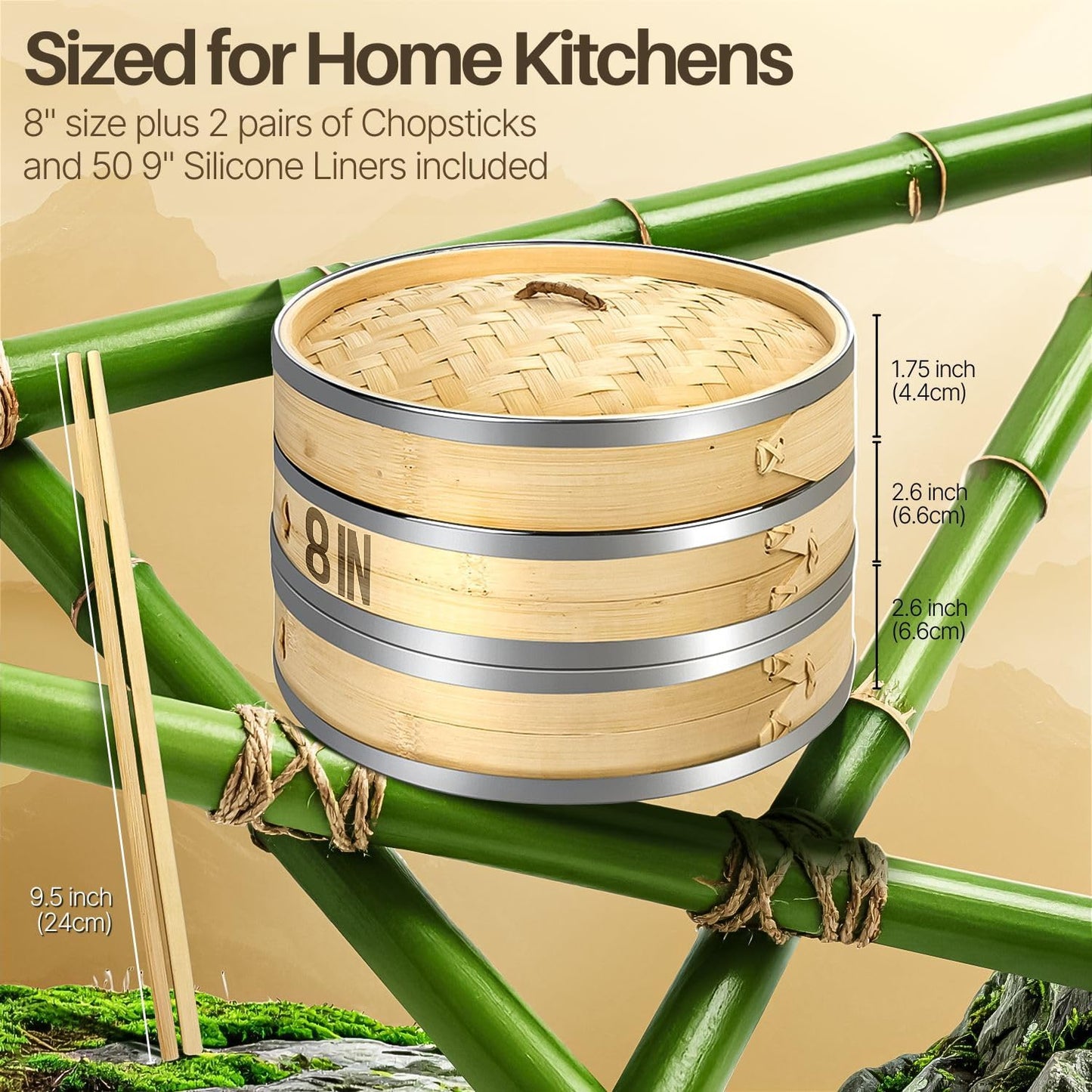 Flexzion Bamboo Steamer Basket Set (8 inch) with Stainless Steel Banding, 50 x Steamer Liners and 2 Pairs of Chopsticks, Steam Baskets for DimSum Dumplings, Rice, Vegetables, Fish and Meat