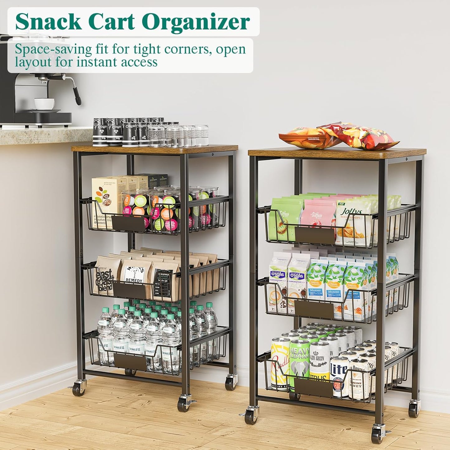 Kitchen Storage Cart with Wheels, 4-Tier Metal Utility Rolling Cart Fruit Vegetable Storage Basket Pantry Rack with Wood Top & Pull Out Baskets for Kitchen, Livingroom, Diningroom, Office