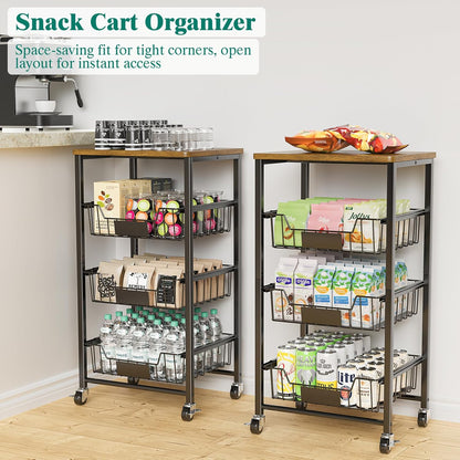 Kitchen Storage Cart with Wheels, 4-Tier Metal Utility Rolling Cart Fruit Vegetable Storage Basket Pantry Rack with Wood Top & Pull Out Baskets for Kitchen, Livingroom, Diningroom, Office