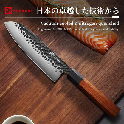 KEEMAKE Santoku Knife 7 inch Chef Knife, Japanese 440C Stainless Steel Kitchen Knife, Porfessional Cooking Knife for Meat Cutting with G10 Bolster Octagonal Wood Handle