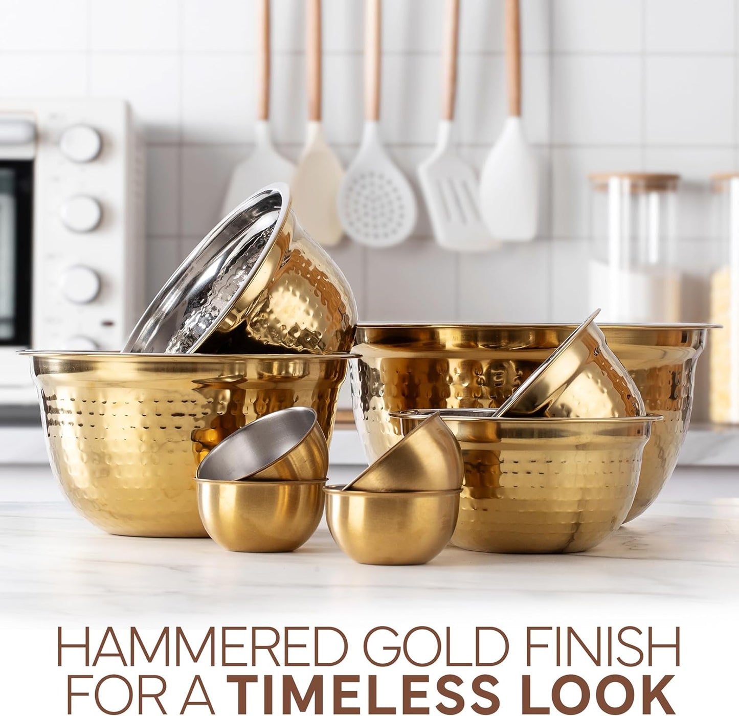 COOK WITH COLOR 18 Piece Mixing Bowls Set with Airtight Lids, Handcrafted Stainless Steel Bowls, Food Storage Containers, Meal Prep, Nesting Salad Bowls For Cooking, Baking, Kitchen, Gold- Hammered
