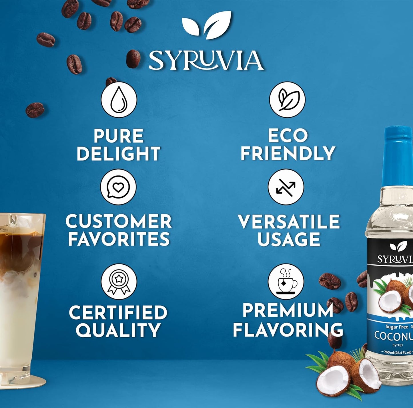 Syruvia Sugar Free Coffee Syrup, Coconut Flavored Syrup for Drinks, Lattes, and Desserts – 25.4 fl oz