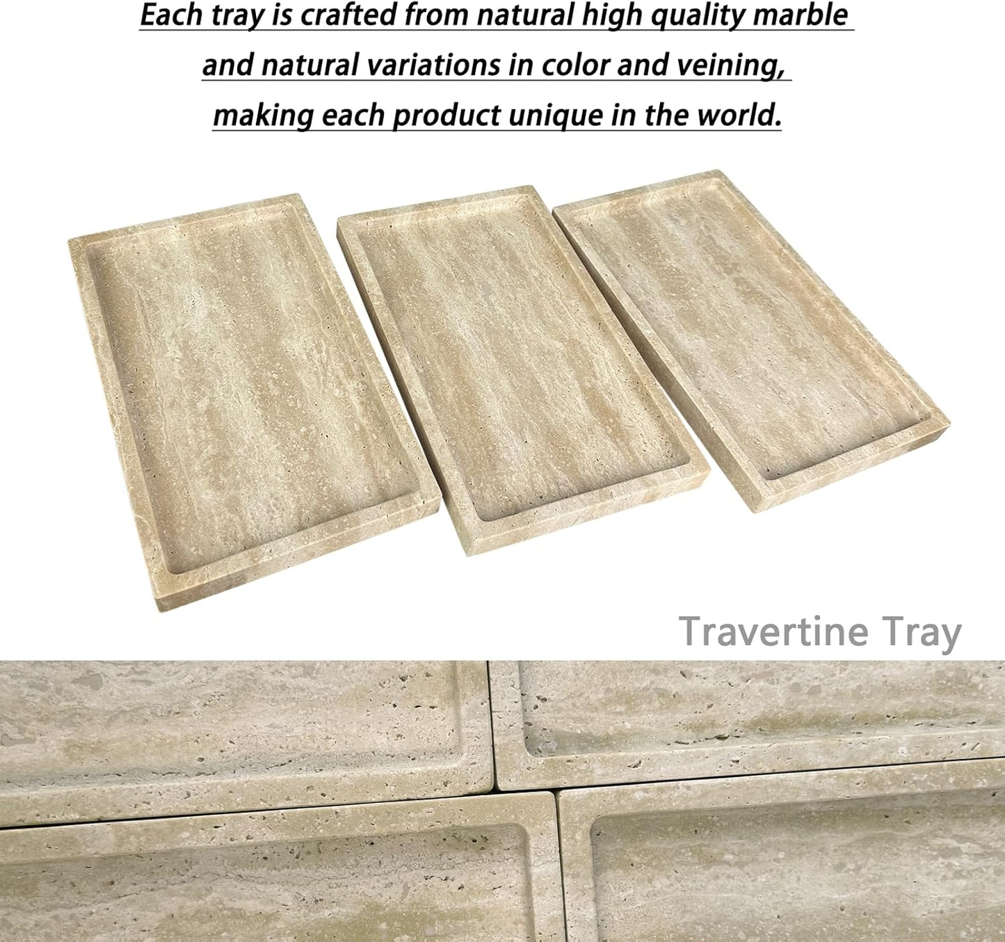 Natural Travertine Stone Perfume Tray, 9.8"x5.9" Marble Vanity Tray for Bathroom/Kitchen/Coffee Table