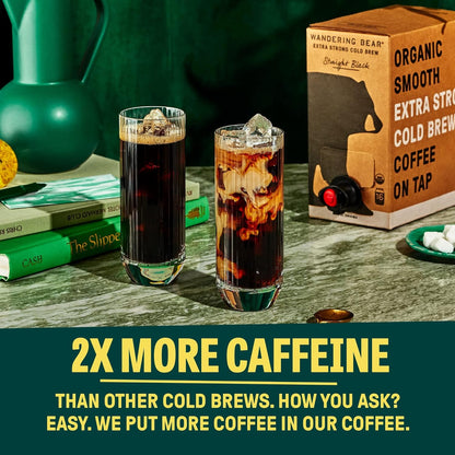 Wandering Bear Straight Black Organic Cold Brew Coffee On Tap, Iced Coffee Drink - Extra Strong, Smooth, No Sugar Added, Shelf-Stable, Ready to Drink, 100% Organic - 16 Servings of 6fl.oz - 96fl.oz