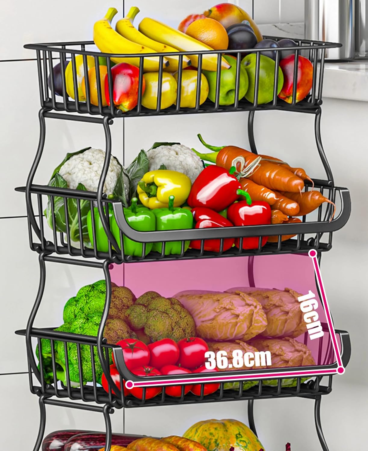 MURRI&MURRDI Fruit Vegetable Storage Baskets with Wheels, 6 Tier Stackable Wire Storage Baskets, Tall Standing Produce Kitchen Rack, Narrow Rolling Cart for Pantry Snack Onion Potato, Black