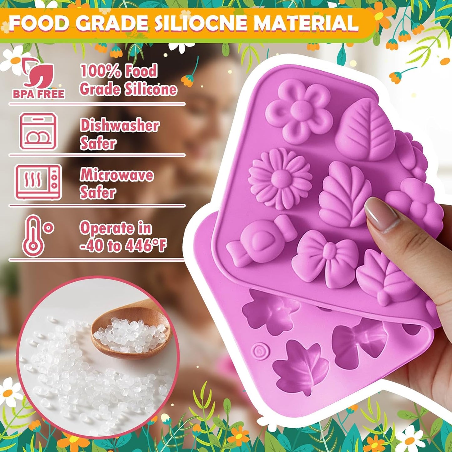 HKNMTT Flower Candy Molds Silicone, Small 9 Shapes Bite Size Chocolate Gummy Jello Gelatin Spring Cute Bow Rose Leaf Dessert Wax Melt Ice Cube Moulds Food Grade Treats Making Oven Safe Kids DIY Set