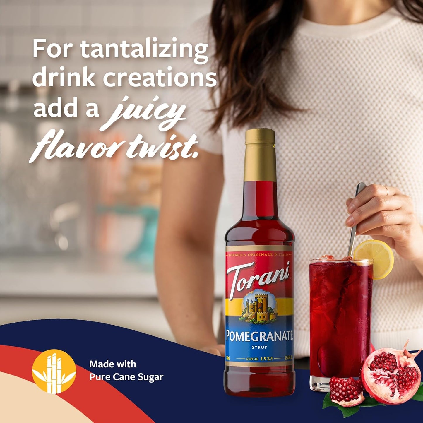 Torani Pomegranate Syrup for Drinks, Flavoring for Iced Tea, Lemonade, Sodas, and Cocktails, Pump Included, 25.4 Oz