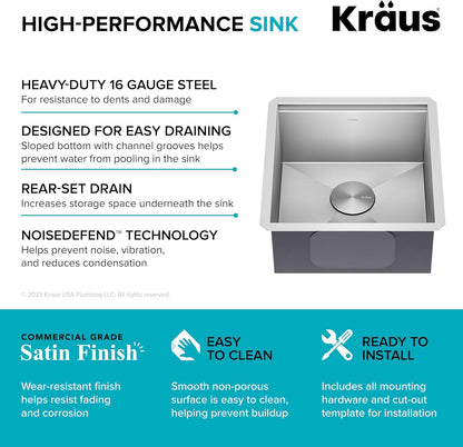 KRAUS Kore 17-Inch Undermount Workstation 16 Gauge Single Bowl Stainless Steel Bar Kitchen Sink with Accessories, KWU111-17