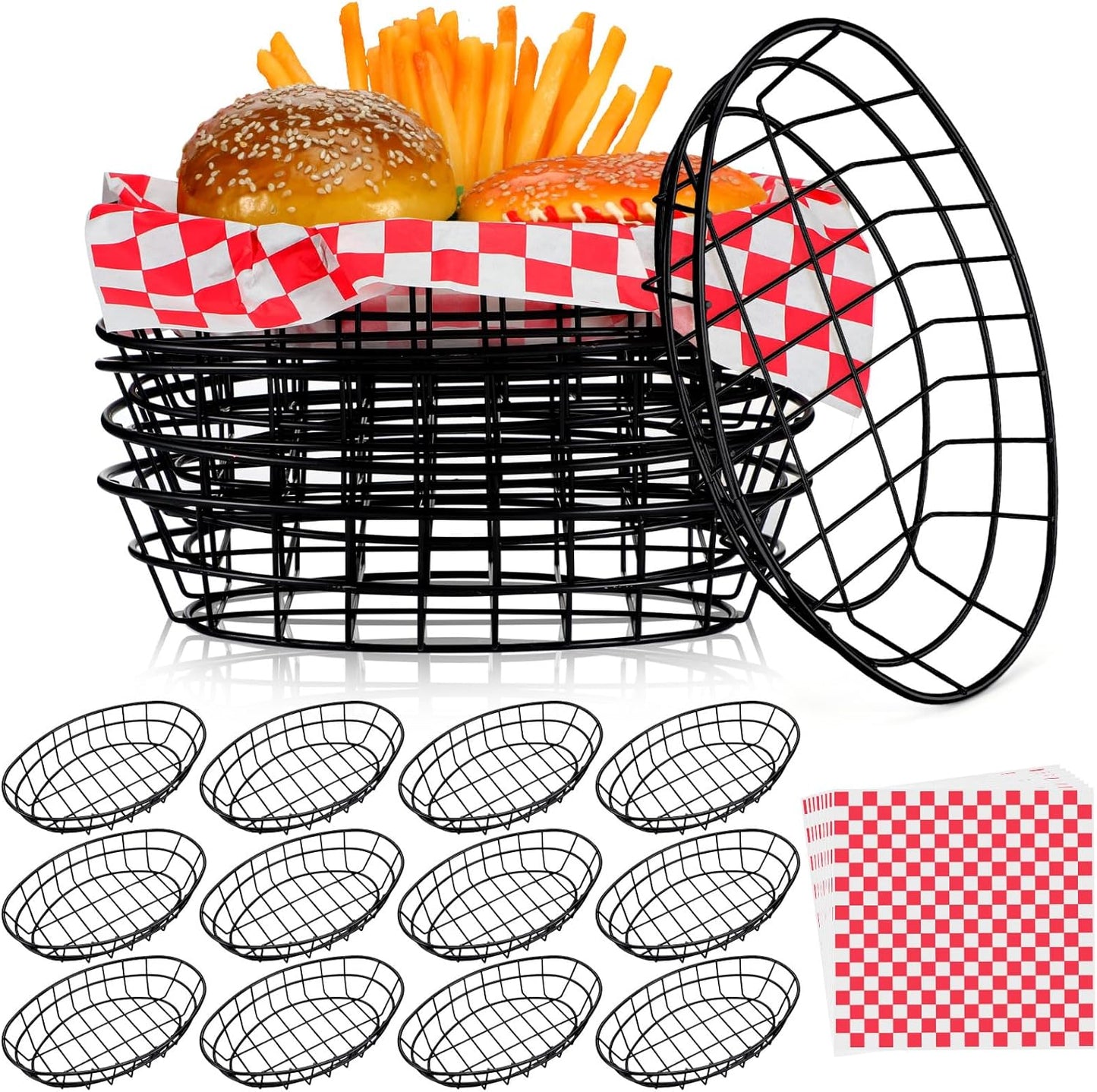 Hushee 12 Pcs Wire Bread Basket 9.5x6.2x2.2 Inch Halloween Candy Basket Oval Metal Dinner Roll Baskets for Serving Fruit Bowl with 50 Deli Wrapper Paper for Kitchen Fast Food(Black,Red White Plaid)
