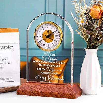 Retirement Clock Gifts for Women Men, Happy Retirement Gifts for Boss Coworkers, Going Away Gift for Retired Friends Leaving Presents for Leader Teacher, K9 Crystal Clock with Light Wooden Base