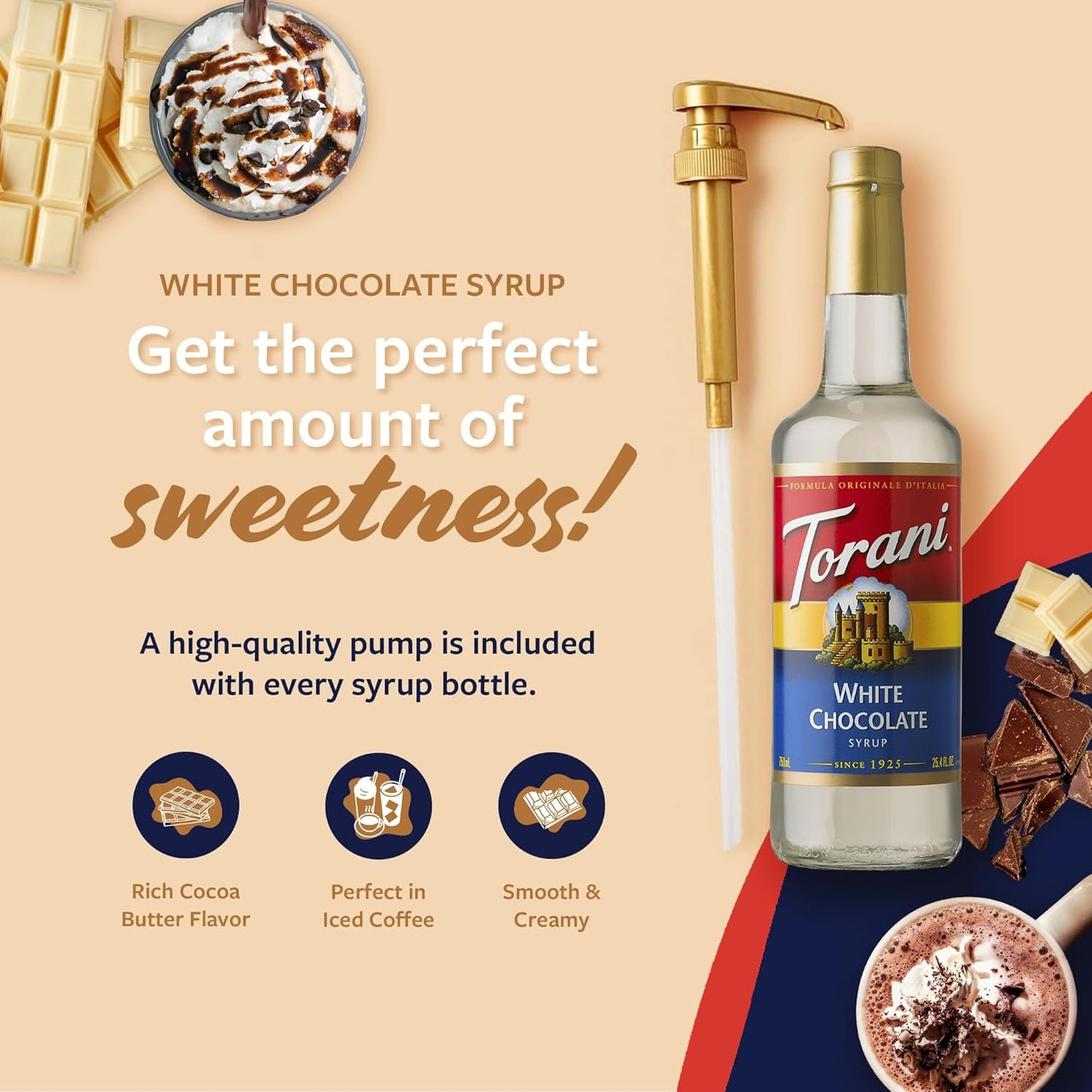 Torani Coffee Syrup, White Chocolate Flavored Syrup for Drinks, Pump Included, 25.4 Fl Oz