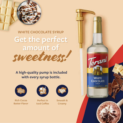 Torani Coffee Syrup, White Chocolate Flavored Syrup for Drinks, Pump Included, 25.4 Fl Oz