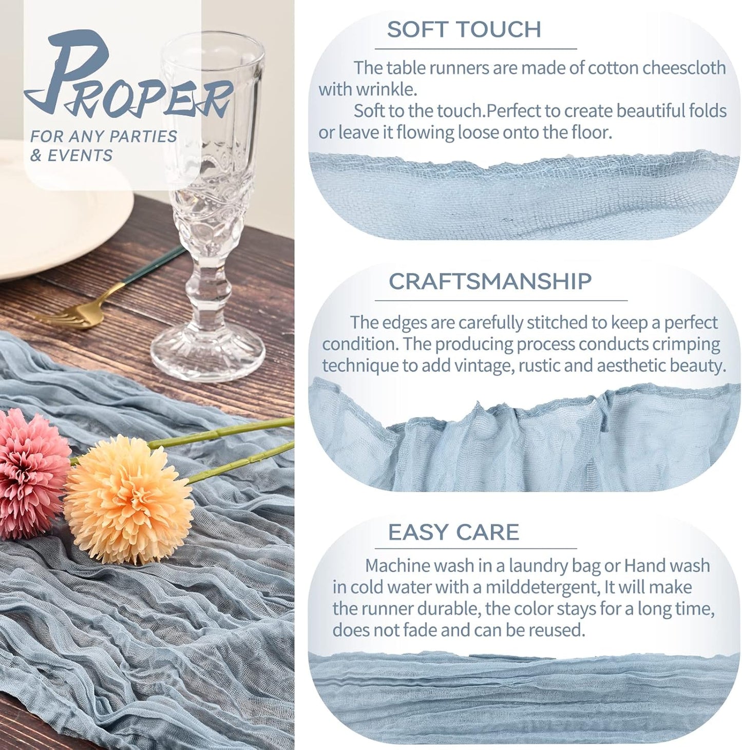 15 Packs Dusty Blue Cheesecloth Table Runner, 13 Ft Grey Blue Rustic Gauze Boho Wedding Table Runner Decoration, Wedding Table Decor Table Cloth for Wedding Party Bridal Shower Table,21.5x157in