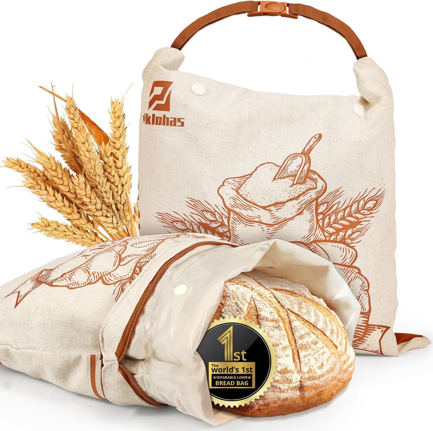 Sourdough Bread Bags, 2 Sets Detachable Bread Storage for Homemade Sourdough, Reusable Linen Food Storage with Lining & Triple Lock for Fresh Keeping, BPA Free, Christmas Baking Gifts