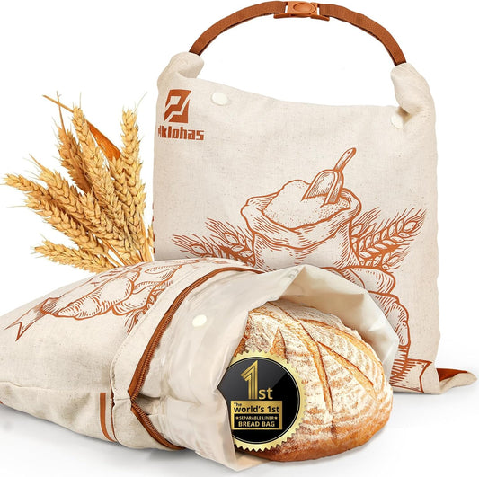 Sourdough Bread Bags, 2 Sets Detachable Bread Storage for Homemade Sourdough, Reusable Linen Food Storage with Lining & Triple Lock for Fresh Keeping, BPA Free, Christmas Baking Gifts