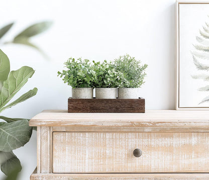 Dahey 3 Pack Mini Potted Artificial Eucalyptus Fake Plants with Wood Tray Centerpiece Table Decorations, Farmhouse Pulp Flower Pots Greenery Home Decor for Coffee Table Dining Room Office Kitchen