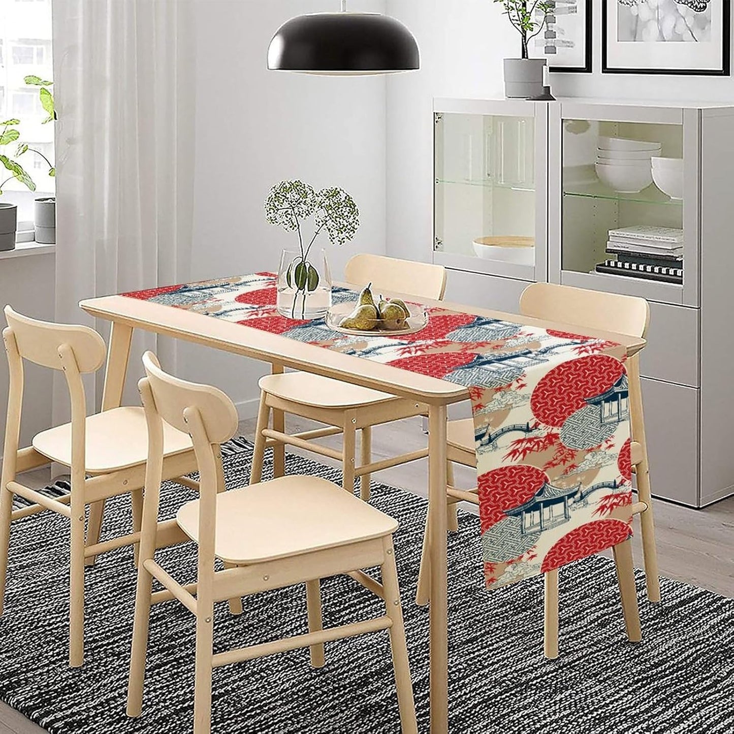 Asian Style Landscape Dinning Table Runner, Oriental Line Geometry Wave Traditional Elements Red White Table Runner for Kitchen Home Party Dinner Set, 13x60 Inch