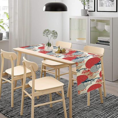 Asian Style Landscape Dinning Table Runner, Oriental Line Geometry Wave Traditional Elements Red White Table Runner for Kitchen Home Party Dinner Set, 13x108 Inch