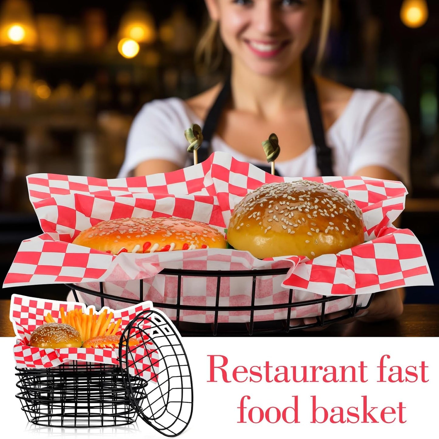 Hushee 12 Pcs Wire Bread Basket 9.5x6.2x2.2 Inch Halloween Candy Basket Oval Metal Dinner Roll Baskets for Serving Fruit Bowl with 50 Deli Wrapper Paper for Kitchen Fast Food(Black,Red White Plaid)
