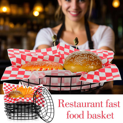 Hushee 12 Pcs Wire Bread Basket 9.5x6.2x2.2 Inch Halloween Candy Basket Oval Metal Dinner Roll Baskets for Serving Fruit Bowl with 50 Deli Wrapper Paper for Kitchen Fast Food(Black,Red White Plaid)