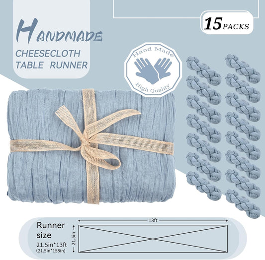 15 Packs Dusty Blue Cheesecloth Table Runner, 13 Ft Grey Blue Rustic Gauze Boho Wedding Table Runner Decoration, Wedding Table Decor Table Cloth for Wedding Party Bridal Shower Table,21.5x157in