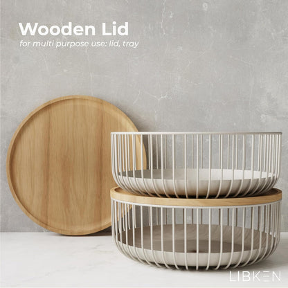 Fruit Basket for Kitchen - Multi-Purpose Stackable Basket with Wooden Lid - Powder Coated Metal and Rubber Wood - Wire Baskets for Organizing - Minimal Design - 4.5x11.4x11.4 - Warm Gray