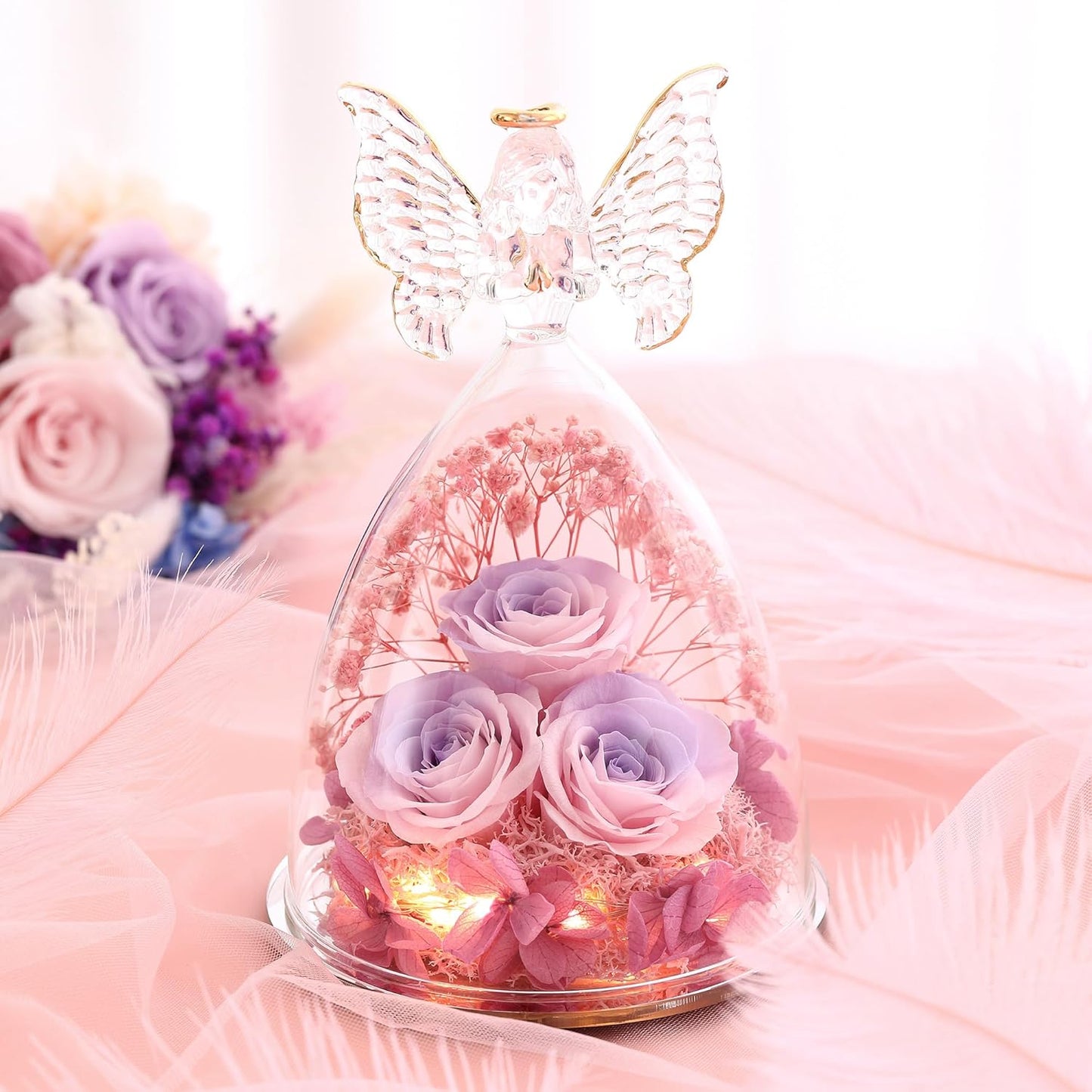 Mothers Day Mom Gifts for Women Preserved Flowers in Glass Angel Forever Flowers Gifts Eternal Roses Gifts for Grandma, PinkpurplePink