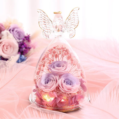 Mothers Day Mom Gifts for Women Preserved Flowers in Glass Angel Forever Flowers Gifts Eternal Roses Gifts for Grandma, PinkpurplePink